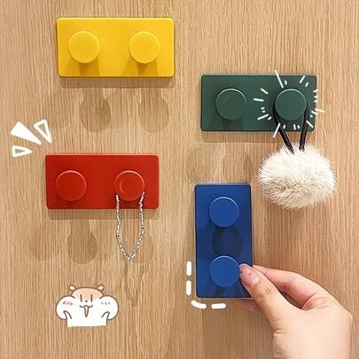 4pcs,Building-Block Style Hooks – Colorful, Heavy-Duty, Adhesive, Drill-Free, Traceless, Reusable, And Easy-To-Install Wall Hooks For Home Use; Ideal For Organizing Keys, Coats, Bags, Scarves, And Accessories.