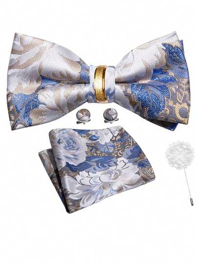 5Pcs Men Dusty Blue Floral Jacquard Bow Tie Pocket Square Detachable Cufflinks Ring Boutonniere Set, Cufflinks Random Pattern, Wedding Formal