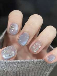 10Pcs Handmade Short Oval Press On Nails, Sheer Nude Frosty Ice Blue Shimmer Cat Eye, Silver Metal Stars, Tiny Pearls & Mini Rhinestones, Cool Dreamy Minimal Starry Daily Style - Baby Blue - View 2