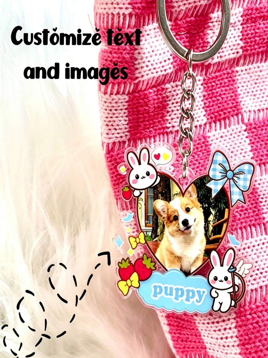 Llavero de Corazón Personalizable con Texto & Foto, Colgante de Acrílico con Marco de Conejo y Fresa Lindo, Regalo Conmemorativo Adorable para Dueños de Perros - Multicolor - Ver 1