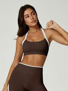 NcmRyu Women's One Set Colorblock Halter Backless Bra & High Waist Ribbed Waistband Shorts Sports Set - Brown - View 7