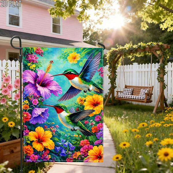 1pc Outdoor Garden Flag Spring Hummingbird Floral Vibrant Colorful Vertical 12x18 Inch Double-Sided Design Welcome Garden Flag With Porch Decor Suitable For Garden Outdoor Yard Decoration Without Flag Pole 2D Flat Printing