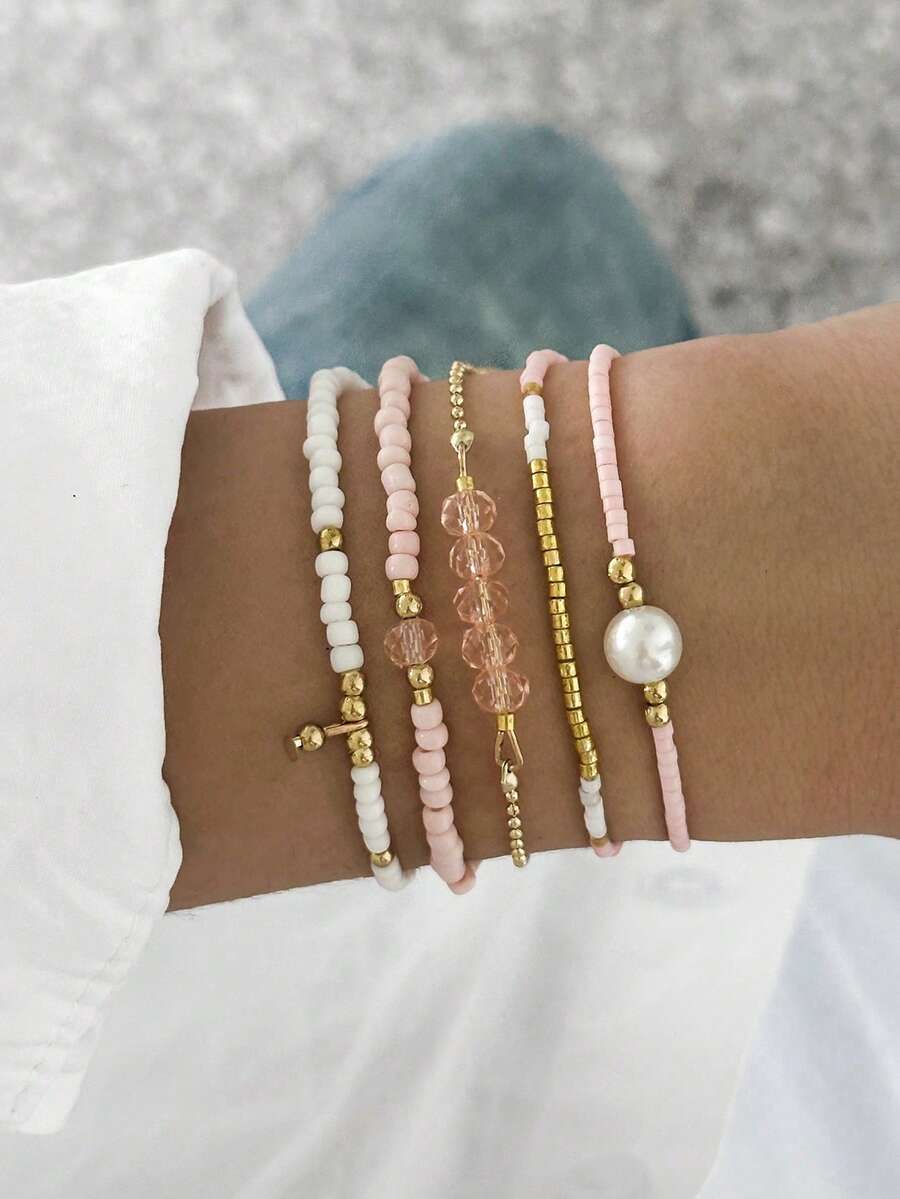4件套时尚仿珍珠手工串珠手链套装,女士度假派对珠宝礼品 - 彩色 - 查看 1