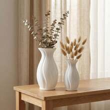 1pc Modern Minimalist White Plastic Vase, Minimalist Wavy Texture Decorative Container, Nordic Art Geometric Flower Pot Suitable For Pampas Grass, Home Office Living Room Desktop Shelf Decor - 1PC - View 2