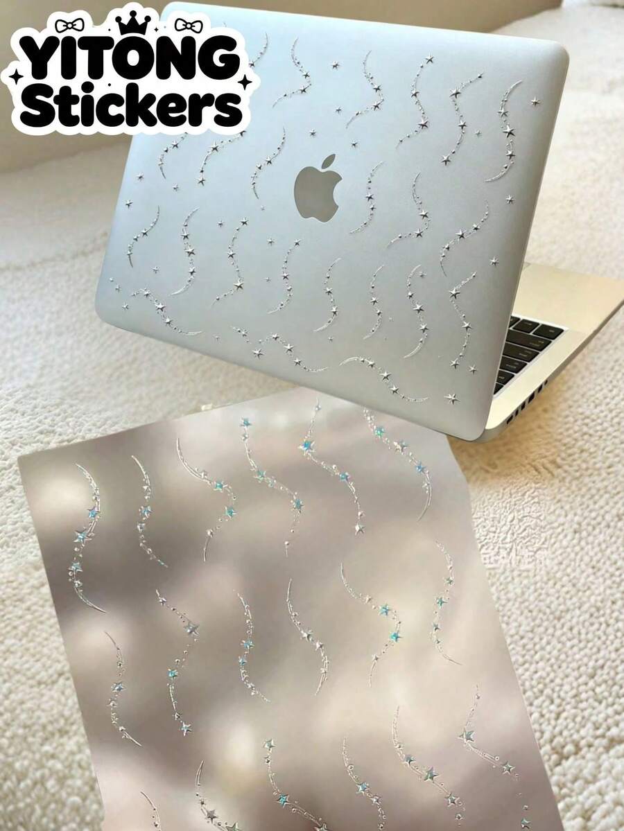 1pc Laser Silver Shooting Star Transparent Sticker, Waterproof, Removable Without Residue, DIY Decorative Sticker, Suitable For Laptop / Phone Case / Earphone Case / Water Bottle / Instant Camera, INS Style Glitter Starry Sky Material Sticker - Star Lines - View 1