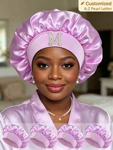 1pc Pearl Letter Print Satin Sleep Cap, Elastic Wide Band, Silky Hair Protection Cap, Suitable For Women's Night Sleep, Travel And Daily Hair Care - Multicolor - View 1