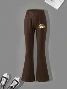 2pcs/Set Girls Round Neck Sweatshirt And Flare Pants Set, Gold Lips Print With Simple Casual Design, Comfortable Autumn/Winter New Girls Outfit, Suitable For Daily Wear - Apricot - View 6