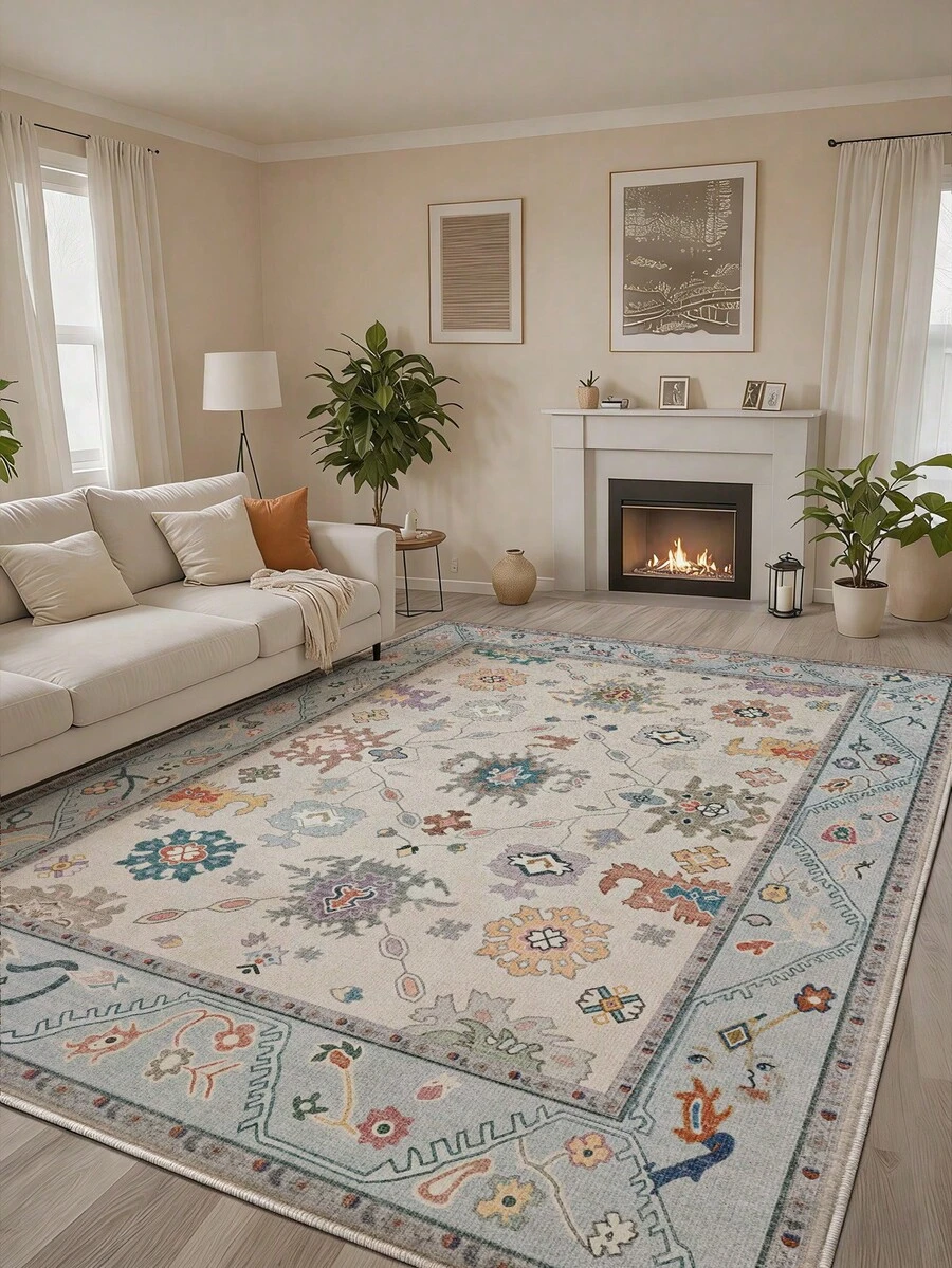 1pc Light Blue Vintage Living Room Rug, Suitable For Kitchen, Dining Room, Bedroom, Room Holiday Decoration, Indoor/Outdoor, Office, Lobby, Anti-Slip Doormat, Bathroom Rug, Hallway, Study Gaming Area Rug - Baby Blue - View 1
