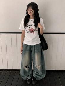 Y2K復古風女款夏季新款休閒做舊五角星與字母印花短袖T恤上衣 白色 - 白色 - 查看 2