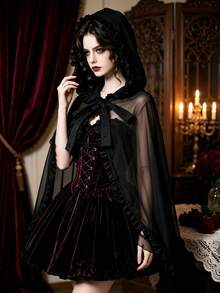 Selendang Jala Berkerudung Ruffle Gaya Gothic Gelap untuk Wanita, Jubah Pendek Lolita Bertali untuk Halloween, Pakaian Luar Vampir - Hitam - View 3