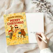 1 Greeting Card + 1 Envelope Cheerful Australian Christmas Greeting Card, Beach Animals With Surfboard "Down Under Merry Christmas", For Friends, Summer Holiday Vintage Style Festive Card. - View 2