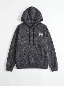 1pc Women's Navy Blue Minimalist Bow Embroidery Hooded Sweatshirt, Loose Drawstring Pocket Basic Pullover Sweatshirt, Suitable For Casual Lazy Daily Weekend Wear - Black - View 4