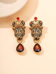 1 Pair Luxury Leopard Head Crown Stud Earrings With Red Teardrop Rhinestones, Vintage Distressed Gold Texture Women's Party Earrings Daily Accessories - Multicolor - View 6