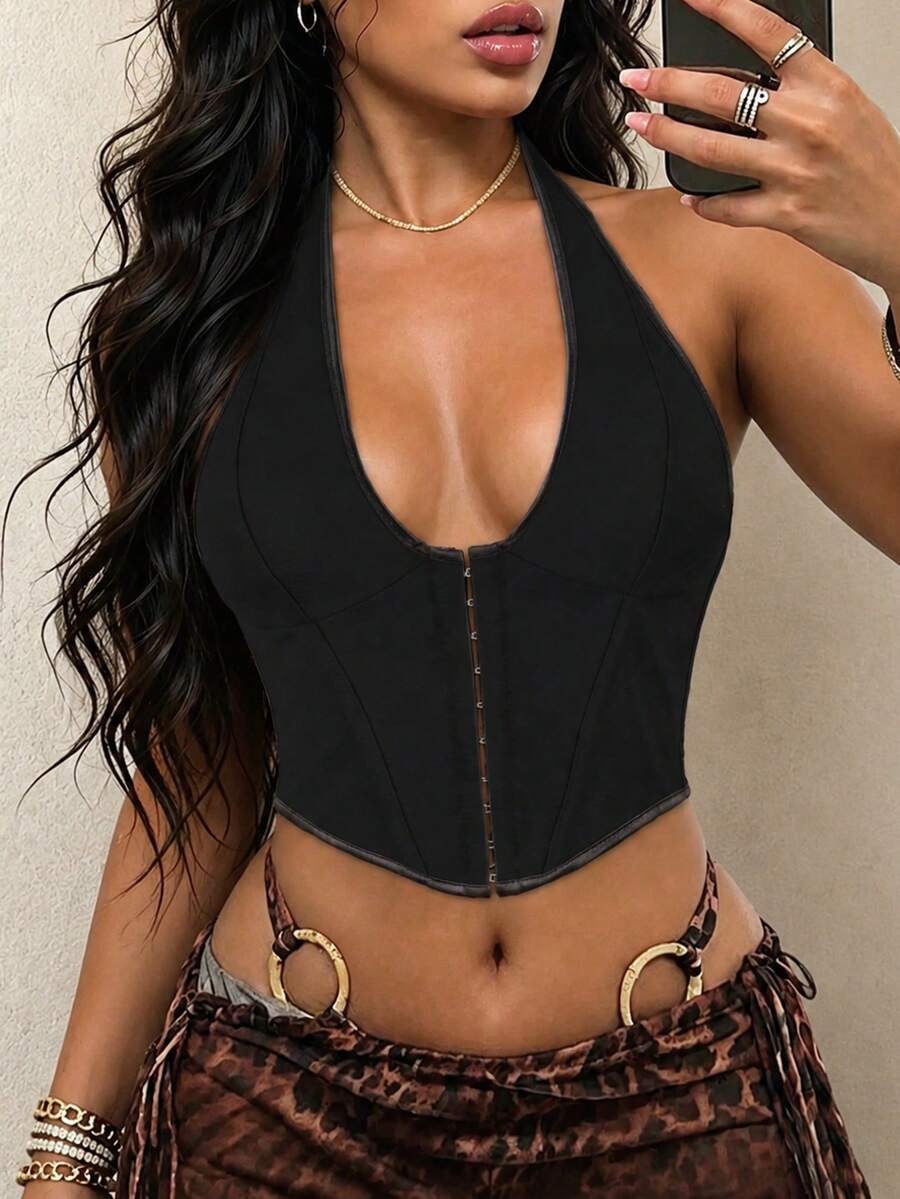 Apperloth A Sexy Deep V-Neck Bustier Camisole, With Underwire, Front Tie, Back Tie, Cropped Party Cami Black Summer - 黑色 - 查看 1