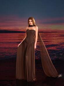 Elegant Brown Ribbon Decor Backless Lace-Up Bandeau Ultra-Long Mermaid Skirt Party Formal Dress 2-Piece Set - Brown - View 3