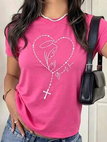 Camiseta de manga corta para mujer, estampado línea corazón con rosario y virgen, diseño religioso, top inspirador, blusa informal para uso diario - rosa brillante - Ver 2