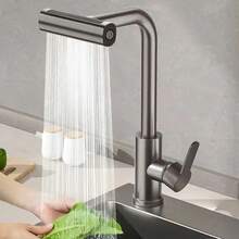 Keran Air Panas dan Dingin Dapur Warna Abu-abu Gelap dengan 4 Mode, Keran Wastafel Air Terjun Lubang Tunggal, Pemasangan di Meja, Keran Wastafel Universal yang Dapat Berputar 360° - Grey - View 6