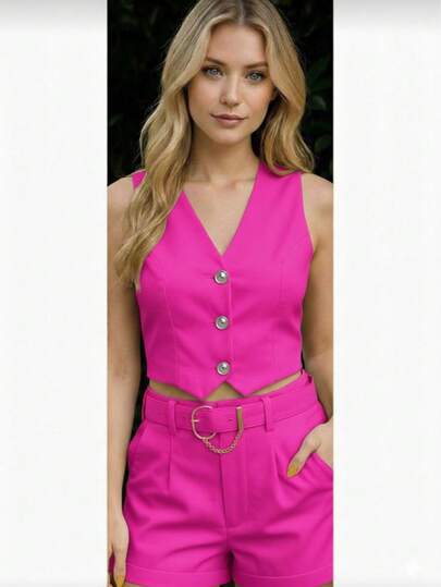 Conjunto feminino chique rosa de duas peças, composto por colete sem mangas com botões e shorts, com cinto. Look casual e discreto.