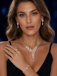 5pcs/Set Cubic Zirconia Exaggerated Heavy Work Wheat Ear Pendant Copper Inlaid High Quality Bridal Wedding Jewelry Set, Suitable For Bride Wedding, Birthday Party, Banquet, Ball - Gold - View 2