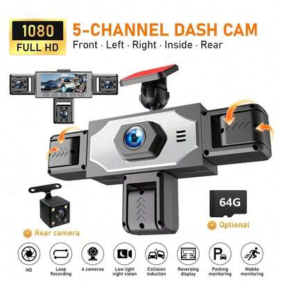 SIDAKEYE 360° panoramische 5-lens autocamera, 3,16-inch IPS-autodisplay, zwaartekrachtsensor, loopopname, bewakingscamera, HD Ultimate 1080P voorkamera en 720P voor-/achter-/links-/rechts-volledige dekking, quad-schermweergave, breed dynamisch bereik, auto-accessoire, USB-opladen, 150mAh batterij