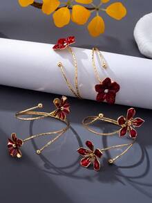 1pc/3pcs Vintage Burgundy Oil Drop Flower Open Cuff Bracelet, Luxury Multi-Layer Petal Adjustable Bangle, Niche Aesthetic Jewelry - Burgundy - View 3