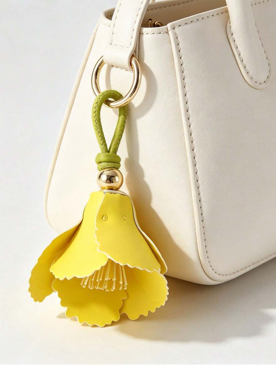 1pc Exquisite Yellow PU Leather Flower Keychain, Minimalist Artificial Flower Bag Charm, Women's Keychain, Wallet Pendant, Car Key Accessory, Fashion Handmade Hanging Decoration, Gift For Her - Multicolor - View 1