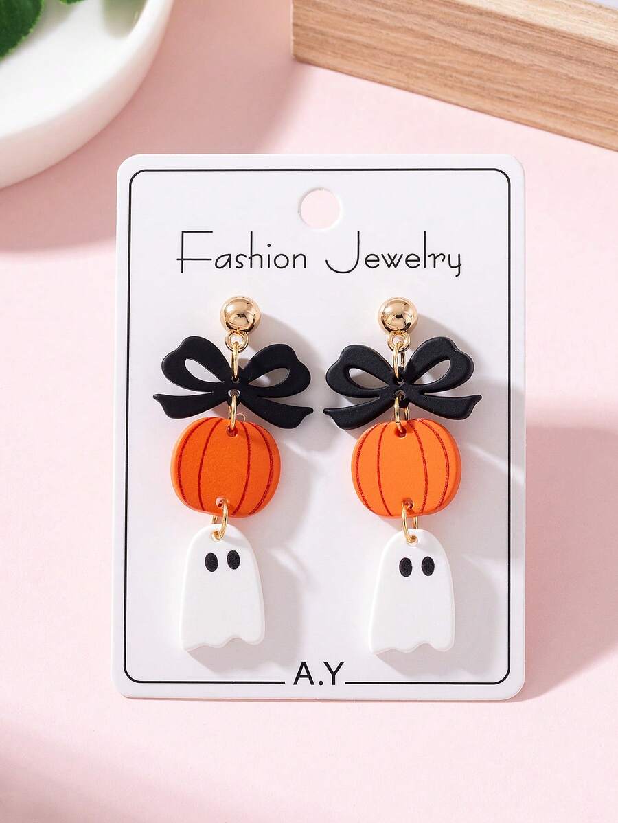 1 Pasang Anting-Anting Perhiasan Fashion Wanita Motif Hantu Pita Halloween, Dekorasi Sempurna untuk Pesta Liburan - MultiWarna - View 1
