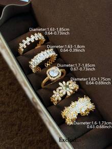 5pcs Fashion Cubic Zirconia Flower Open Copper Ring Set, Suitable For Women's Daily And Wedding Wear - Yellow Gold - View 4