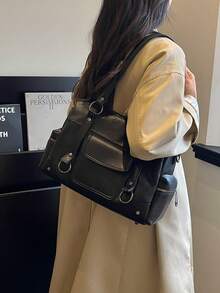 1件裝黑色荔枝紋PU復古機車風波士頓手提包，金屬環鉚釘裝飾，前口袋＋雙拉鍊側口袋，雙肩帶可肩背或斜背，大容量通勤旅行包 #BlackLitchiGrainPUBostonHandbag #MetalRingRivetDecorPurse #DualDetachablePUStrap - 黑色 - 查看 6