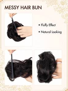 1 Pc Messy Hair Bun Updo Chignon With Elastic Hair Rope, Real Human Hair Extensions, Thick Tousled Wavy Curly Scrunchie Bun Ponytail Hair Accessory For Daily Elegant Hairstyles Women - Multicolor - View 3
