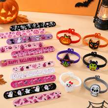 12Pcs/24Pcs Halloween Slap Bracelets & Wristbands Pumpkin Ghost Bat Skull Silicone Bracelets Halloween Party Favor - Multicolor - View 2