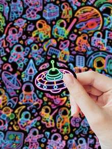 54 Stücke Cooles Neon-Umriss-Weltraum-Sticker-Set, bedruckte leuchtende Linien Astronaut Alien UFO Planet Ästhetik Aufkleber, wasserfeste Vinyl-Sticker für Teenager Jungen Notizbuch Tasse Sammelalbum Laptop Handyhülle Weltraum-Liebhaber Geschenk Dekoration - Mehrfarbig - Übersicht 2
