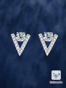 2pcs Fashion Luxury 925 Sterling Silver 0.5Carat X 2 Moissanite V-Shaped Stud Earrings Suitable For Women's Daily Wear Party Vacation Valentine's Day Mother's Day Wedding Anniversary Birthday New Year Women's Jewelry Gift - Silver - View 1