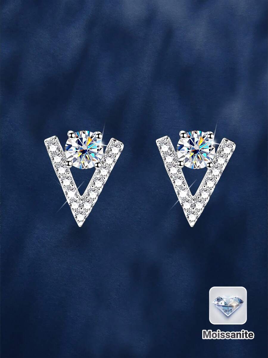 2pcs Fashion Luxury 925 Sterling Silver 0.5Carat X 2 Moissanite V-Shaped Stud Earrings Suitable For Women's Daily Wear Party Vacation Valentine's Day Mother's Day Wedding Anniversary Birthday New Year Women's Jewelry Gift - Silver - View 1