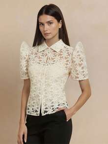 1pc Modern Filipiniana Top With Butterfly Sleeves, Button Hollow Out Short Sleeve Blouse For Women, Holiday & Vacation - Champagne - View 2