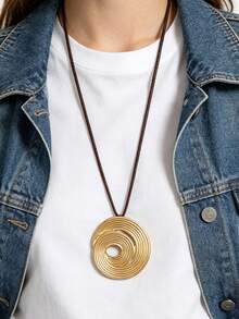 1pc Ins Minimalist Vortex Hollow Wave Matte Gold Round Pendant Necklace, Elegant Geometric Long Sweater Accessory, Travel Vacation Unisex Decorative Necklace, Couple Necklace For Men And Women, Daily Date Outfit, Gift For Girlfriend Boyfriend Mother Best Friend - Wax Rope - View 3