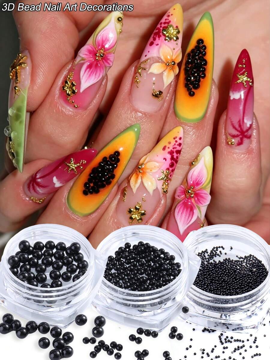 Mini Beaded Nail Art Decor, Black Resin Mini Beads, Large And Small Black Pearls, Y2K Punk Nail Art Design Nail Decoration, DIY Nail Salon Decor Accessories And Nail Supplies - Multicolor - View 1