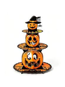 1 Set Halloween 3-Tier Cake Stand, Paper Tray, Handmade Foldable Assembly Cake Holder. Colorful Pumpkin Castle Suitable For Party Tabletop Decoration, Dessert Table Decoration Props. Party Dessert Tray, Display Rack. Halloween Party Essential. Dining Table Essential. Home Decor Essential. - Multicolor - View 9