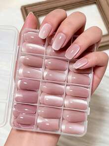144片中號裸色貓眼穿戴甲，亮面貓眼設計，棺材形全覆蓋假指甲，亮面夏季風格女款，日常婚禮DIY美甲貼片 - 淺粉色 - 查看 3