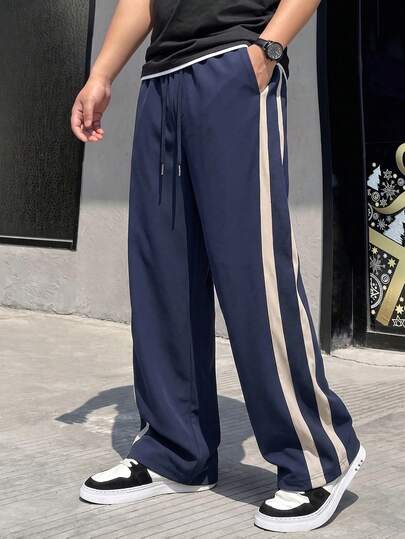 Men's Navy Casual Sweatpants,Drawstring Waist With Beige Side Stripe Design ,Versatile Straight Leg Trousers For Daily Wear Weekend Outings