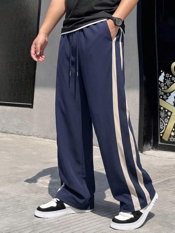 Men's Navy Casual Sweatpants,Drawstring Waist With Beige Side Stripe Design ,Versatile Straight Leg Trousers For Daily Wear Weekend Outings