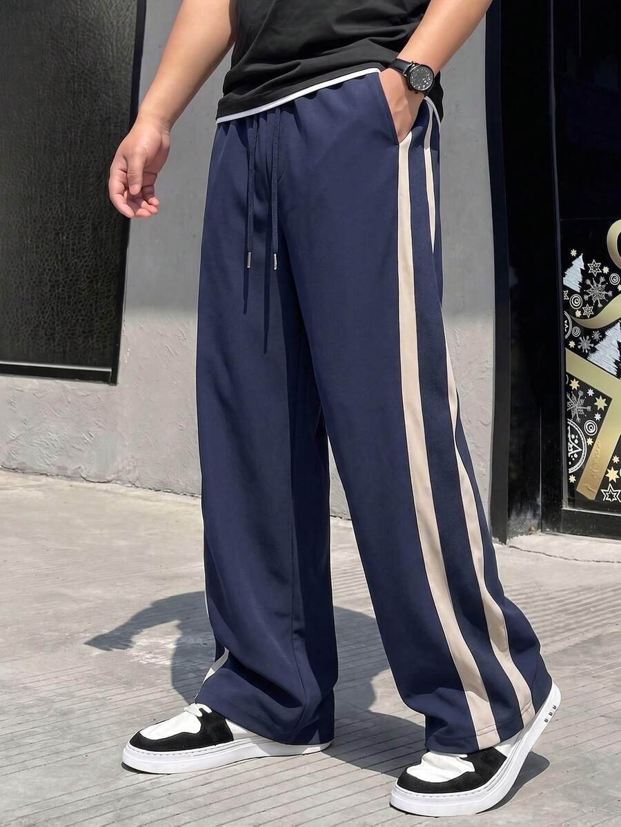 Men's Navy Casual Sweatpants,Drawstring Waist With Beige Side Stripe Design ,Versatile Straight Leg Trousers For Weekend Outings Sports Fall