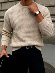 Men's Classic 7-Gauge Cable Knit Crew Neck Long Sleeve Sweater, Autumn/Winter - Apricot - View 9