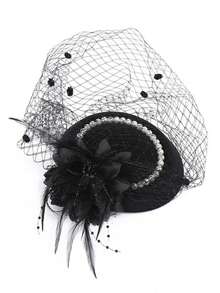 1 Set Exquisite Hat And Lace Gloves, 1920s-1950s Style, Small Round Hat, Cocktail/Afternoon Tea Party Headpiece, With Veil, Suitable For Girls And Women - Black - View 3