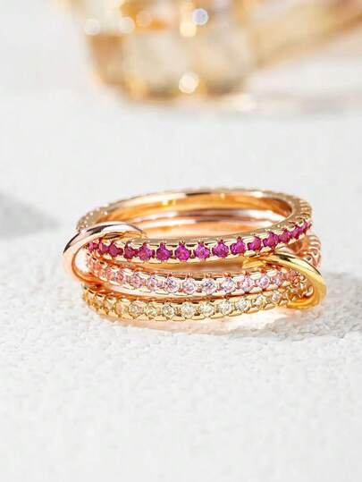 1pc Fashionable Artificial Zirconia Combination Multi-Layer Movable Copper Alloy Multicolor Glamorous Stacked Ring, Women's Wedding Ring, High-End