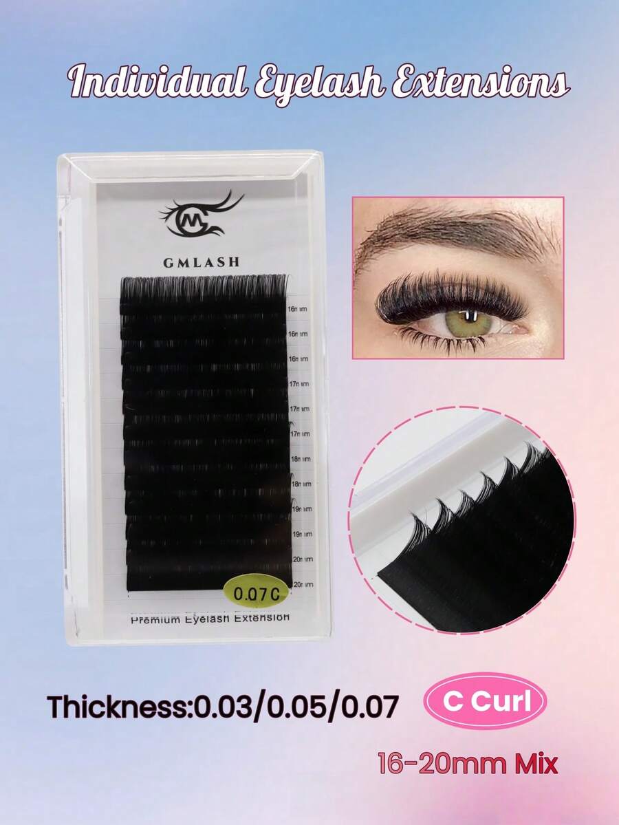 0.03/0.05/0.07MM Thickness C Curl,12 Rows/Box 16-20mm Mix Length Premium Cashmere Matte Black Eyelash Extensions, Natural Classic Russian Soft Faux Mink Lashes, Eyelash Artist Use - C - View 1