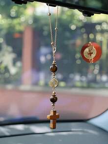 Pink Crystal Cross Car Rearview Mirror Hanging Ornament, Bohemian Handmade Sun Catcher With Gold Chain And Natural Stone Beads, Elegant Spiritual Protection Amulet, Suitable For Various Car Interior Decoration - Cross Pendant - View 13