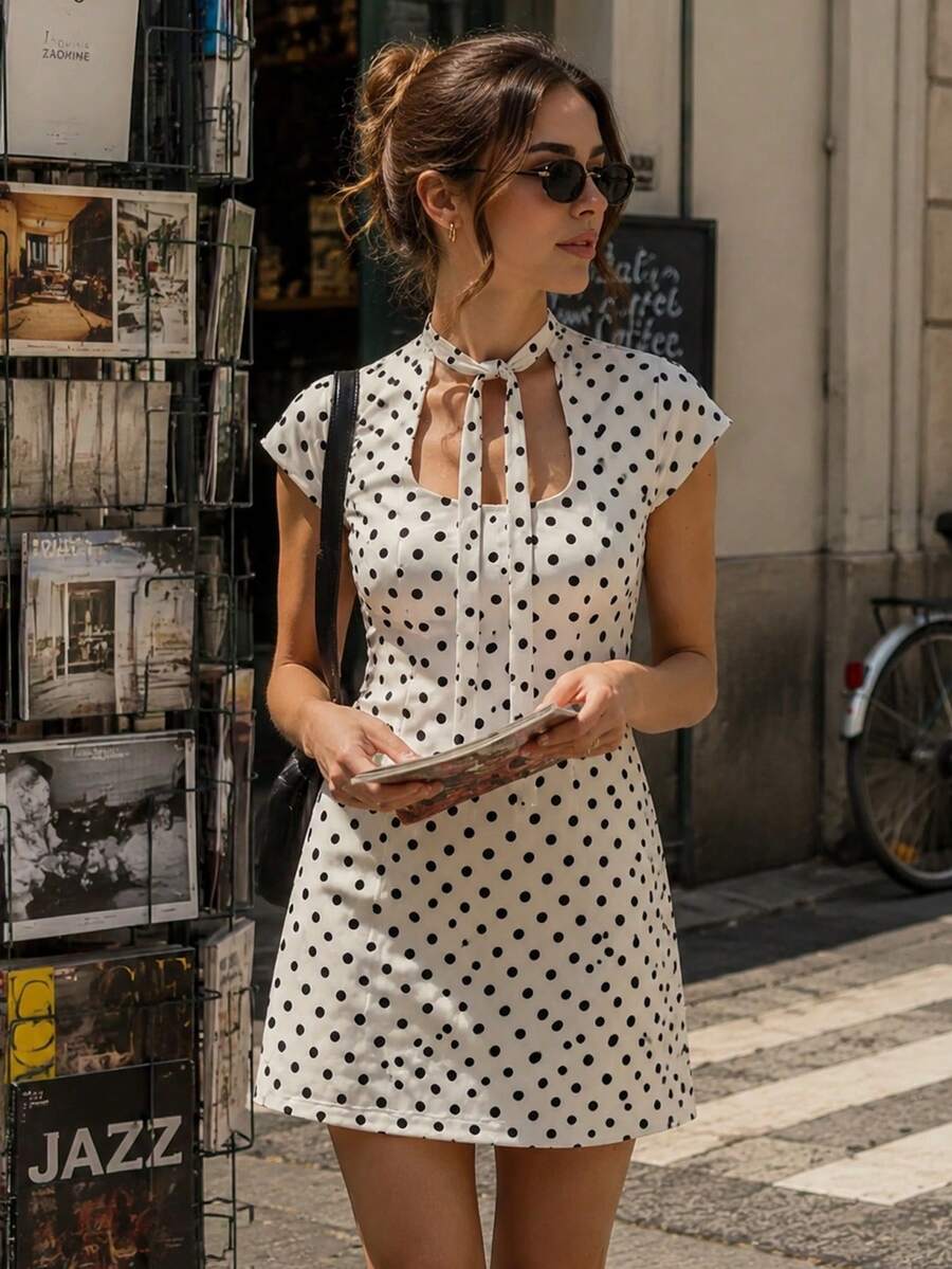Vestido Mini de Poá para Mulheres Verão - Bege - Visão 1