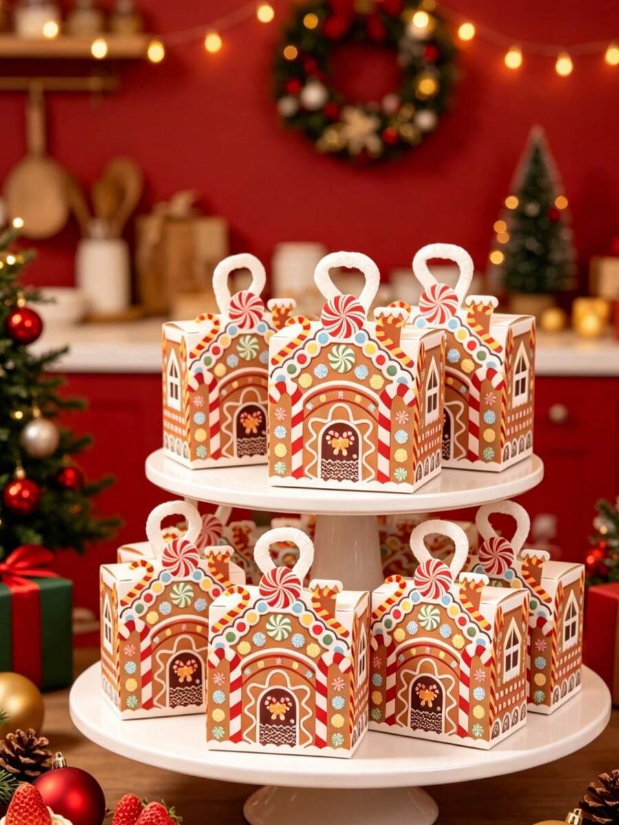 8pcs Christmas Happy Paper Gift Boxes, Gingerbread House & Christmas Reindeer Pattern Mini Gift Boxes, Christmas Candy Boxes, Christmas Party Table Decor, Cookie & Candy Boxes, Christmas Candy Gift Packaging Boxes, Christmas Eve Party Gift Packaging Supplies, Christmas Home Decor, Room Decor, Small Candy Boxes, Christmas Gifts, 2026 New Year Decor, Christmas Decor