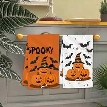 2 Stück Halloween gruseliger Hexenhut Kürbis Fledermaus Muster saugfähige Küchentücher, Mehrzweck Geschirrtücher, geeignet für Herbst Küche gruselige Saison Dekoration Feiertagsgeschenke - Verschiedenfarbig - Übersicht 8